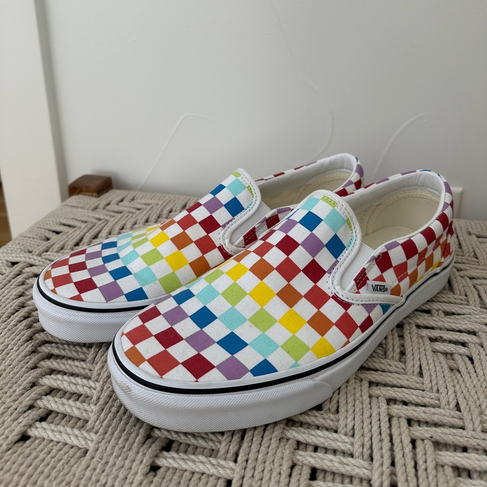 Vans checkered slip-ons - rainbow/true white, men’s size 10.5